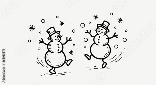 Two cheerful snowmen happily dancing and playing together in the falling snow, hand-drawn in a simple, charming doodle style.
