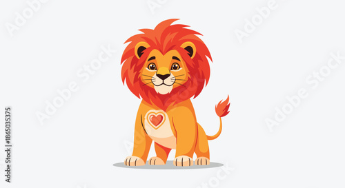 Cute and brave lion character with a fluffy red mane and a heart symbol on its chest, standing proudly and smiling.