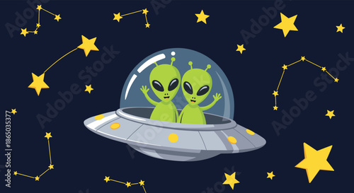 Two cute green aliens waving from inside their flying saucer as it travels through a dark night sky full of stars and constellations.