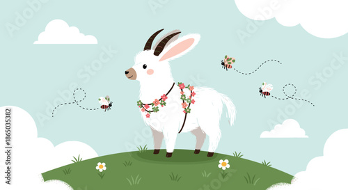 A sweet white goat with long ears stands on a green hill with flowers, surrounded by happy buzzing bees in a blue sky.