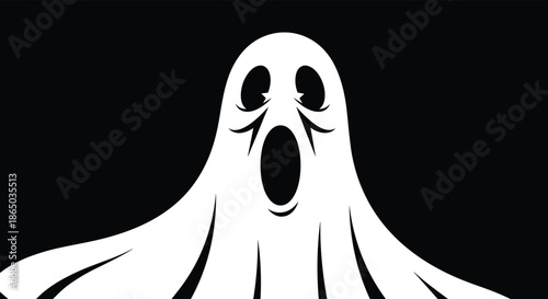 Simple and scary white ghost silhouette with a screaming open mouth, isolated on a solid black background for Halloween designs.