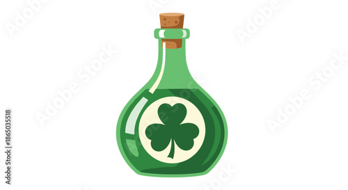 Simple cartoon illustration of a green potion bottle with a cork stopper and a shamrock label for Saint Patrick's Day themes.