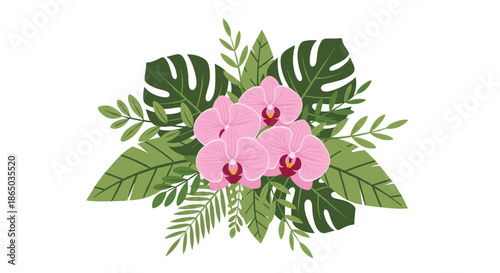 Elegant tropical bouquet composition with beautiful pink orchid flowers, monstera leaves, and palm fronds on a white background.