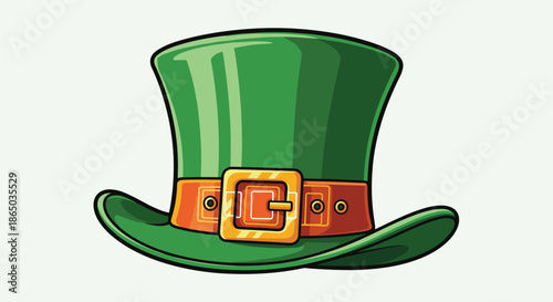 Classic green leprechaun top hat with an orange band and a shiny gold buckle, illustrated in a fun cartoon style for St. Patrick's Day.