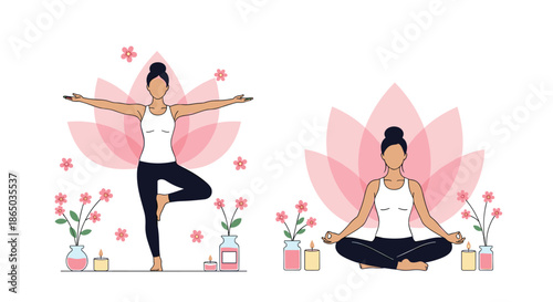 Serene illustration of a woman practicing yoga in tree and lotus poses, surrounded by calming flowers, candles, and lotus symbols.