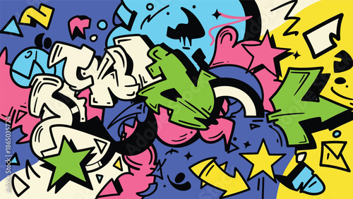 Modern graffiti-inspired mural vector with playful abstract elements, motion lines, splashes, and overlapping shapes on urban wall background, ideal for dynamic posters and wallpapers