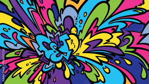 Modern graffiti-inspired mural vector with playful abstract elements, motion lines, splashes, and overlapping shapes on urban wall background, ideal for dynamic posters and wallpapers