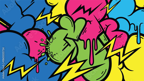 Modern graffiti-inspired mural vector with playful abstract elements, motion lines, splashes, and overlapping shapes on urban wall background, ideal for dynamic posters and wallpapers