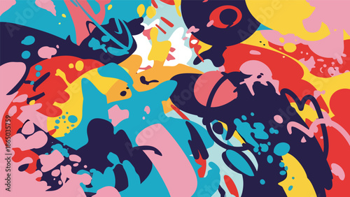 Modern graffiti-inspired mural vector with playful abstract elements, motion lines, splashes, and overlapping shapes on urban wall background, ideal for dynamic posters and wallpapers