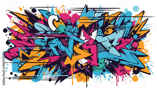 Modern graffiti-inspired mural vector with playful abstract elements, motion lines, splashes, and overlapping shapes on urban wall background, ideal for dynamic posters and wallpapers