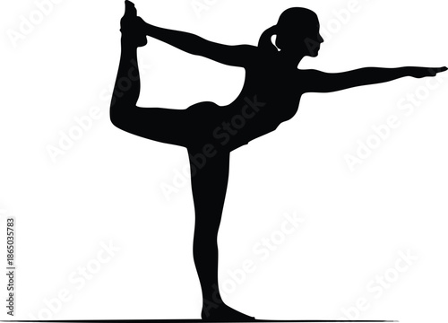 Minimalist silhouette side view yoga dancer pose balancing on one leg with extended arm and bent back leg holding foot ponytail calm studio shadow flat vector