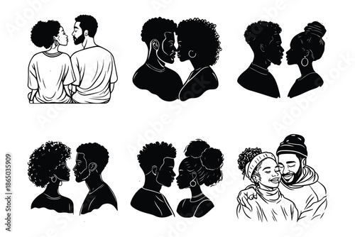 African american couple silhouettes, romantic love portraits, black relationship illustration set, diverse intimacy concepts, hand drawn vector collection
