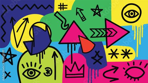 Street art inspired mural vector illustration with bold color blocking, hand-drawn outlines, abstract symbols, and layered depth, designed for scalable commercial backgrounds and posters