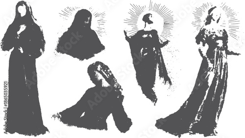 Mary silhouette in black and white. Elegant vector illustration of a religious figure in a classic style, presenting a graceful and divine feminine representation.
