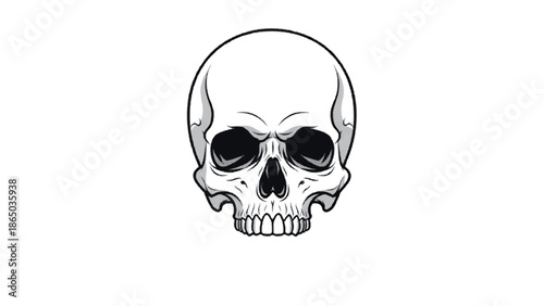 A detailed and striking illustration of a human skull, rendered in black and white with intricate shading and sharp lines, conveying a sense of mortality and gothic aesthetics