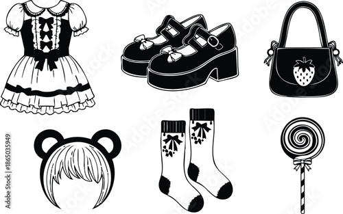 Line art flat design kawaii lolita dress mary jane shoes strawberry purse bear ear wig patterned socks lollipop set arranged in neat grid isolated on white