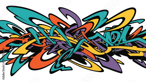 Urban mural vector artwork with flowing organic shapes and rhythmic movement across a stylized wall surface, graffiti-inspired flat design perfect for modern wallpapers and posters