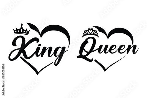 King queen couple love typography design, romantic heart shape lettering, crown symbol illustration, valentine relationship graphic, matching lovers quote artwork