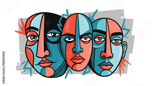 Graffiti-inspired urban mural vector illustration featuring abstract faces built from geometric shapes and bold lines, modern street art style ideal for posters and creative backgrounds