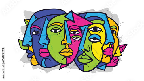 Graffiti-inspired urban mural vector illustration featuring abstract faces built from geometric shapes and bold lines, modern street art style ideal for posters and creative backgrounds