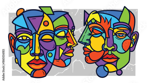 Graffiti-inspired urban mural vector illustration featuring abstract faces built from geometric shapes and bold lines, modern street art style ideal for posters and creative backgrounds