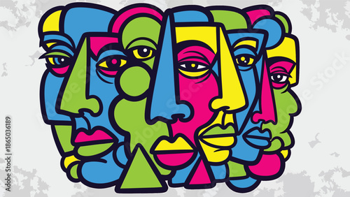 Graffiti-inspired urban mural vector illustration featuring abstract faces built from geometric shapes and bold lines, modern street art style ideal for posters and creative backgrounds