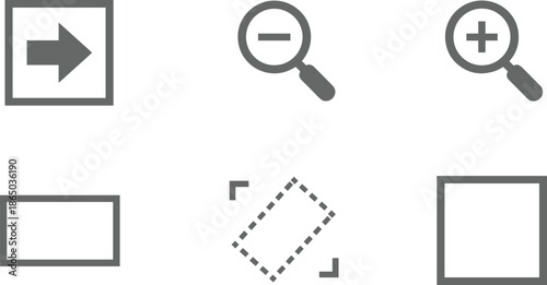 Grey vector icon set featuring arrow button magnifying glass zoom in out and selection frame for interface navigation design.