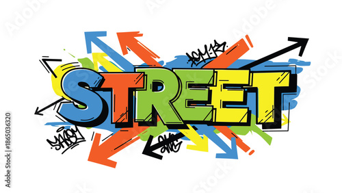 Urban graffiti-style mural vector illustration combining abstract typography-like shapes, arrows, and dynamic strokes, clean flat design suitable for branding, posters, and wallpapers