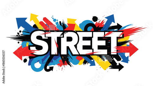 Urban graffiti-style mural vector illustration combining abstract typography-like shapes, arrows, and dynamic strokes, clean flat design suitable for branding, posters, and wallpapers