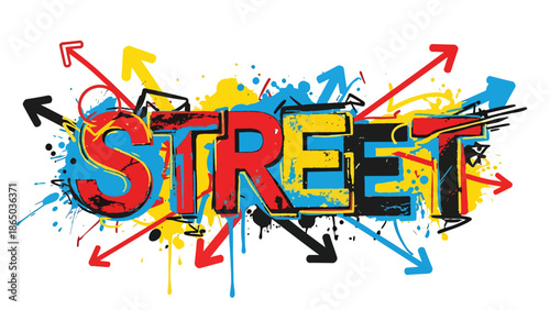 Urban graffiti-style mural vector illustration combining abstract typography-like shapes, arrows, and dynamic strokes, clean flat design suitable for branding, posters, and wallpapers
