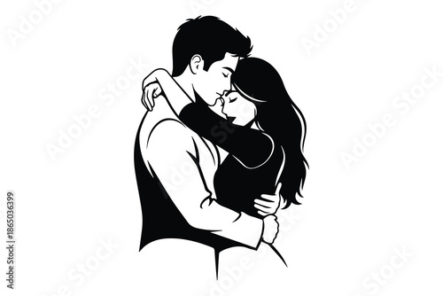 Romantic couple hugging illustration, love embrace silhouette art, intimate relationship concept, black white vector, passion romance design artwork
