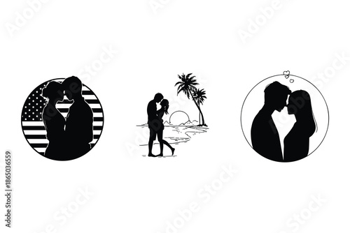 Romantic couple silhouette collection, love scenes illustration set, kissing embrace moments, black white vector, relationship romance artwork