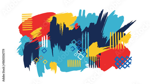 Urban mural vector artwork featuring expressive brush-like strokes, geometric accents, and rhythmic patterns on stylized wall background, graffiti-inspired flat design for modern creatives