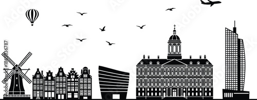 Cityscape silhouette, European architecture, modern buildings, historical landmarks, windmill icon, skyline art, urban contrast, travel design, black illustration