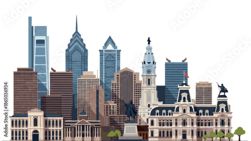 Philadelphia skyline with historic and modern buildings illustration
