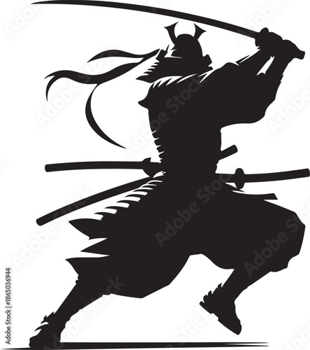 Dynamic silhouette of a samurai warrior in traditional armor and helmet, mid-action pose, holding a katana sword ready to strike.