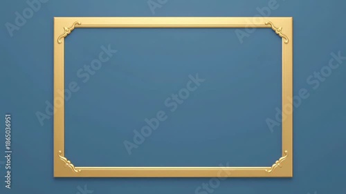 Gold picture frame on a blue wall with a white background, showcasing a decorative border and ornate corners in a close-up view.