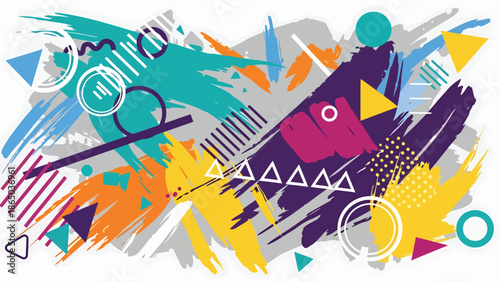 Urban mural vector artwork featuring expressive brush-like strokes, geometric accents, and rhythmic patterns on stylized wall background, graffiti-inspired flat design for modern creatives