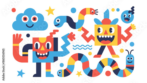 Street art inspired mural vector illustration with playful abstract characters simplified into shapes, friendly graffiti aesthetic ideal for youth-focused posters and urban wallpapers