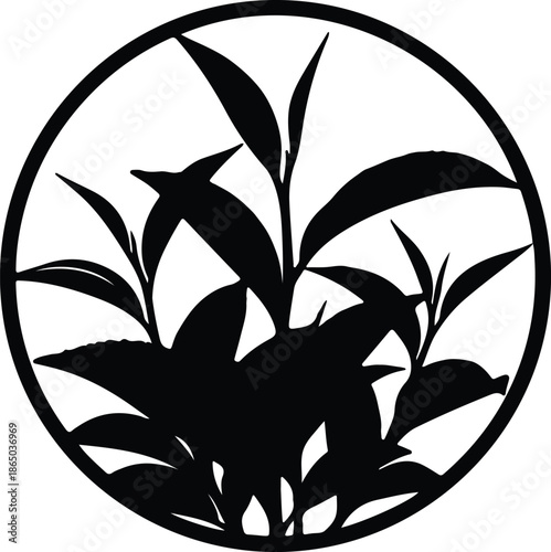Silhouette green tea leaves plant branch in a circular logo design Vector Illustration