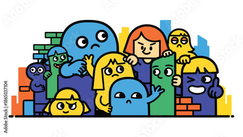 Street art inspired mural vector illustration with playful abstract characters simplified into shapes, friendly graffiti aesthetic ideal for youth-focused posters and urban wallpapers