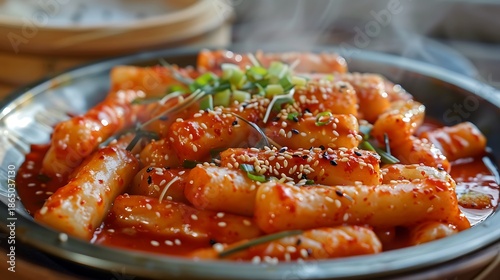 A close up of tteokbokki in a metal bowl garnished with sesame seeds and green onions on a table