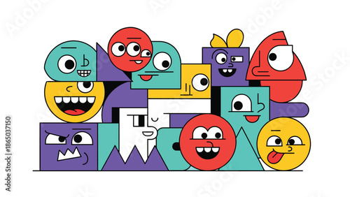 Street art inspired mural vector illustration with playful abstract characters simplified into shapes, friendly graffiti aesthetic ideal for youth-focused posters and urban wallpapers
