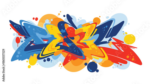 Contemporary graffiti-inspired mural vector illustration showcasing urban creativity through abstract shapes interacting dynamically across a stylized wall background, ideal for posters and wallpapers