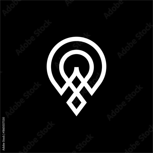 Rounded W pin with interwoven central knot and clean, descending point. Implies interconnected routes and ultimate destination.