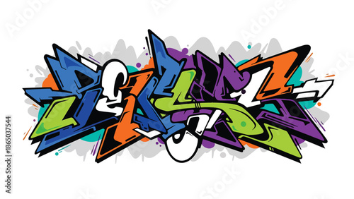 Contemporary graffiti-inspired mural vector illustration showcasing urban creativity through abstract shapes interacting dynamically across a stylized wall background, ideal for posters and wallpapers