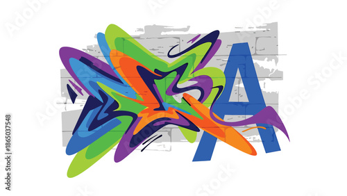 Contemporary graffiti-inspired mural vector illustration showcasing urban creativity through abstract shapes interacting dynamically across a stylized wall background, ideal for posters and wallpapers