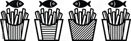 Outline Vector Icon Set Featuring French Fry Cartons Topped with Fish Silhouettes for Seafood and Takeaway Dining