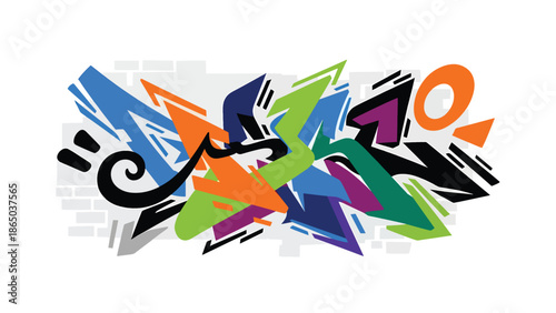 Contemporary graffiti-inspired mural vector illustration showcasing urban creativity through abstract shapes interacting dynamically across a stylized wall background, ideal for posters and wallpapers