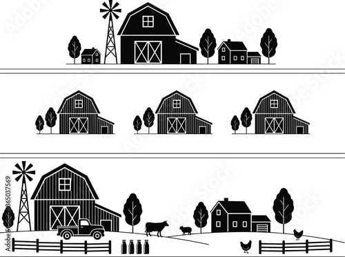 Farm scene silhouettes, barn and windmill, rural landscape, livestock icons, black illustration, agriculture concept, countryside design, farming elements